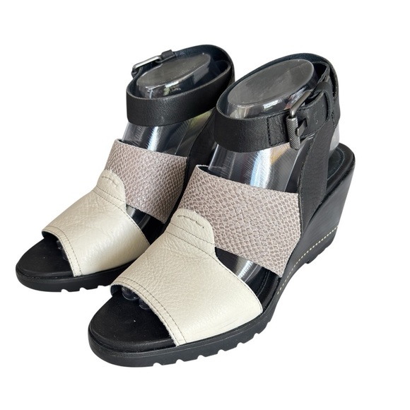 Sorel After Hours Sandal Comfy Strappy Wedge in Black White Grey Leather Size 9 - Picture 2 of 14